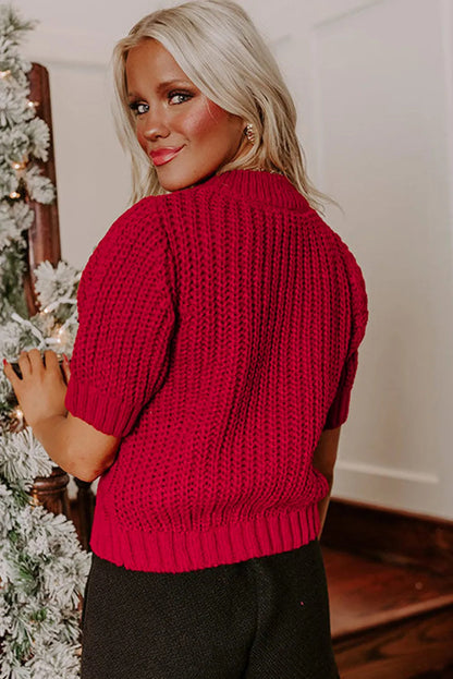 Fiery Red Plaid Lace Up Detail Christmas Holiday Puff Short Sleeve Sweater