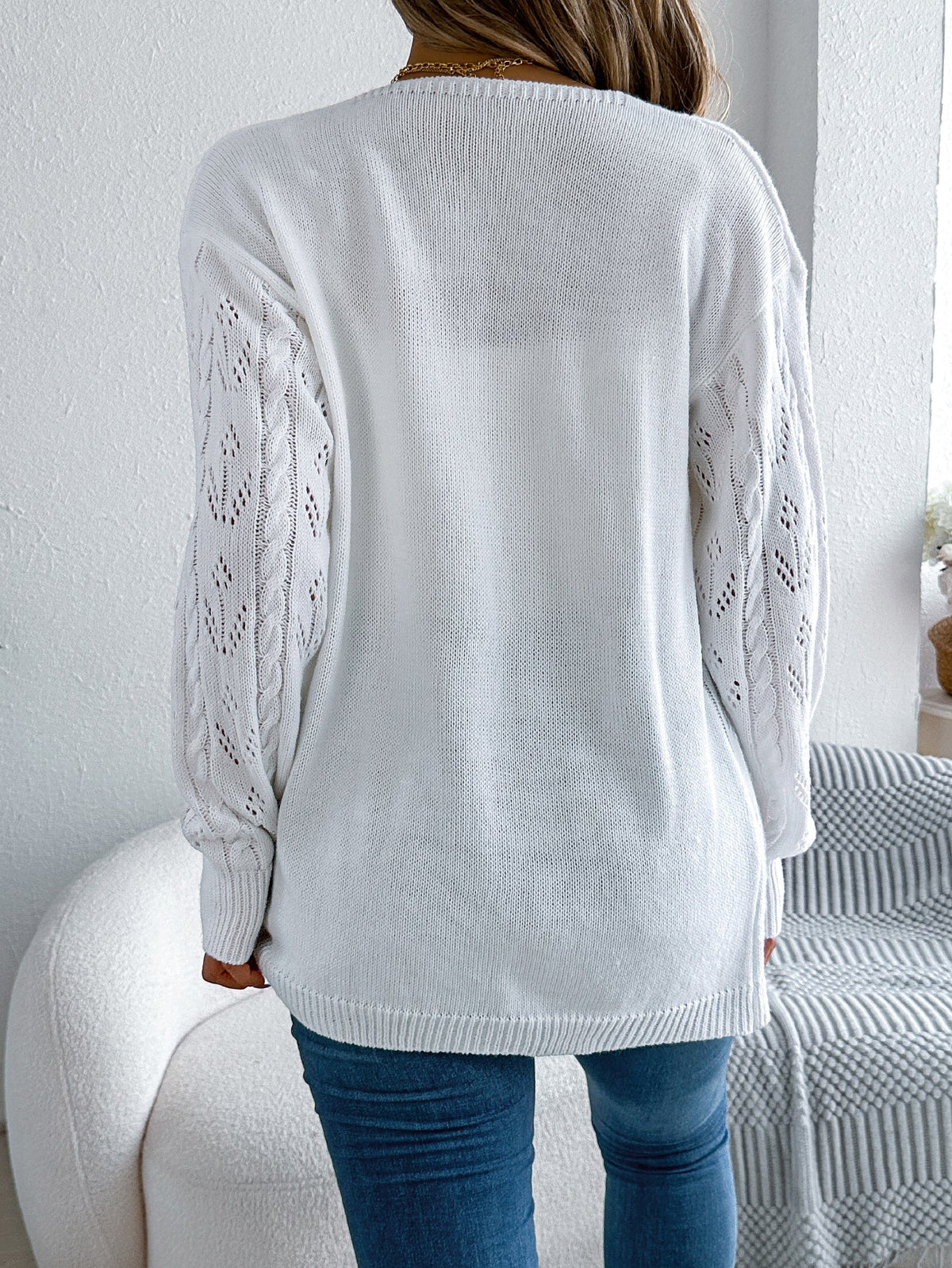 Women Casual Solid Color Hollow Out Long Sleeve Cardigan Sweater Coat