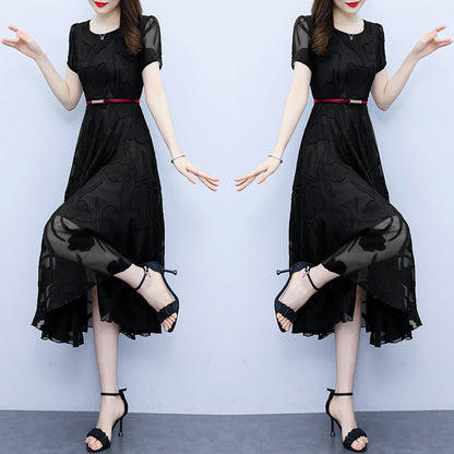 Fashion Round Neck Slim Fit Patchwork Chiffon Jacquard Dress