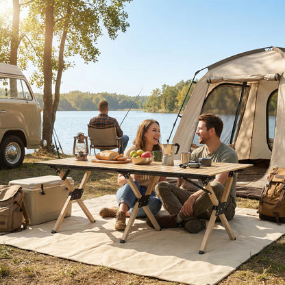 Outsunny 4ft Folding Camping Table, Waterproof Picnic Table with Roll Up Top and Metal Frame, Dark Brown