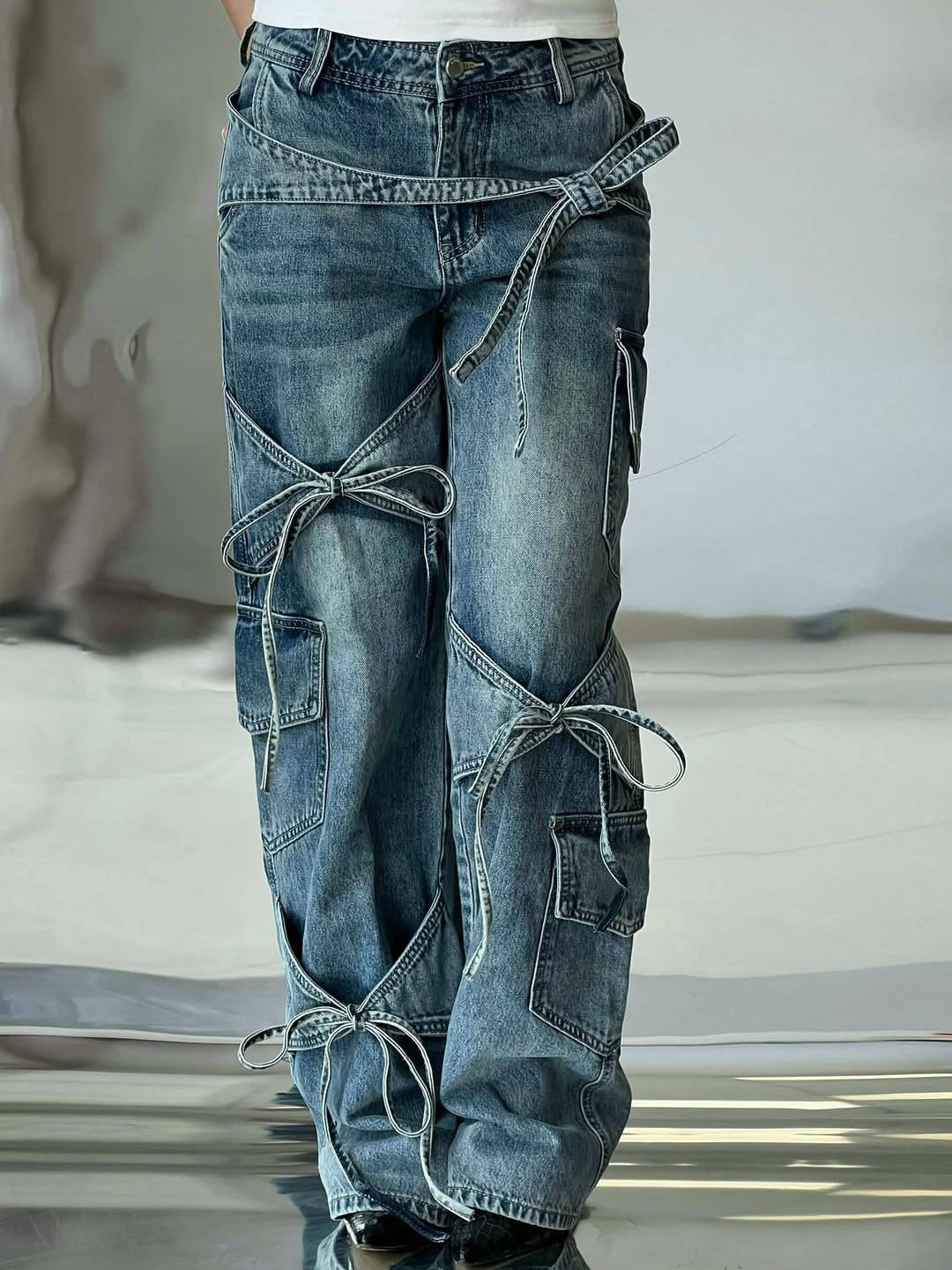 Denim Utility Jeans With Knot - Tied Elements