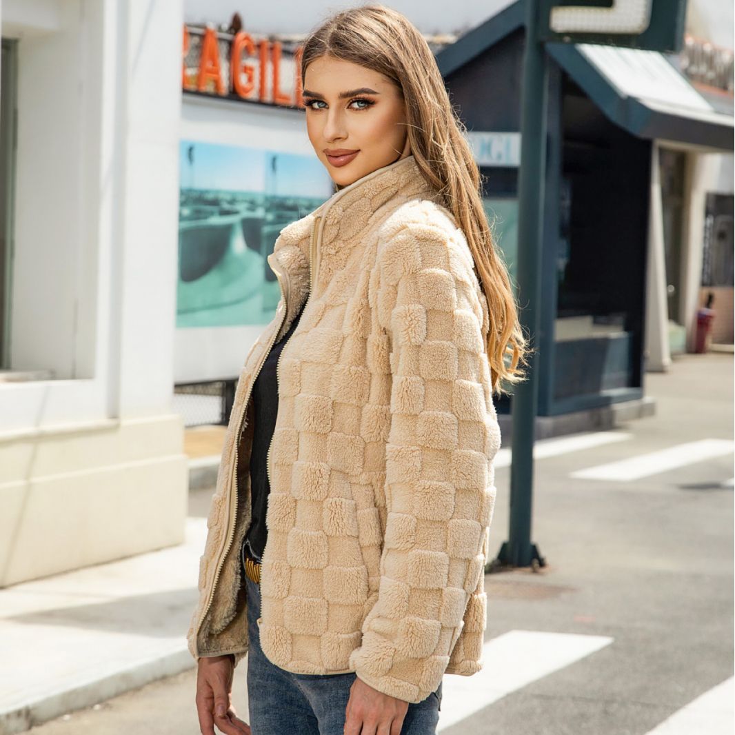 Loose Solid Color Plaid Plush Coat