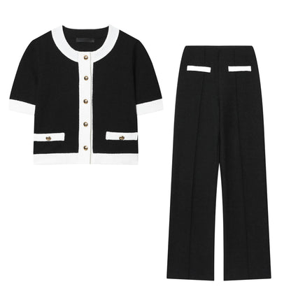Contrast Color Beaded Leather Round Neck Top Stretch High-waisted Trousers Suit