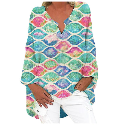 Printed Patchwork V-neck Long Sleeve Plus Size Dress
