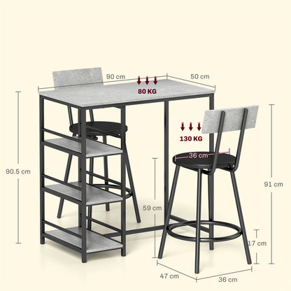 HOMCOM Three-Piece Kitchen Dining Set, with Shelves - Grey/Black