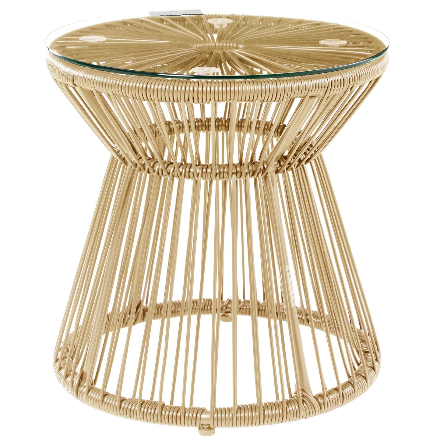 Outsunny Round End Table, Rattan Side Table, Hollow Drum Design Coffee Table w/ Glass Tabletop for Patio, Garden, Balcony Natural