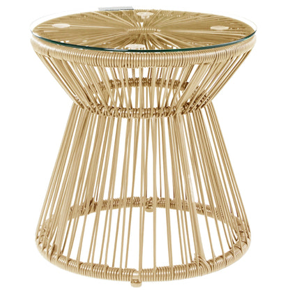 Outsunny Round End Table, Rattan Side Table, Hollow Drum Design Coffee Table w/ Glass Tabletop for Patio, Garden, Balcony Natural