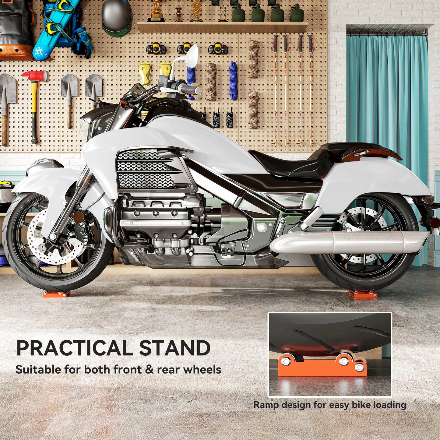 HOMCOM Motorcycle Wheel Cleaning Roller Stand with Steel Frame, Aluminium Rollers, Motorcycle Maintenance Stand for Tyre Cleaning and Chain Lubrication, Fit Tyre Width < 180mm, Bikes < 485lb, Orange