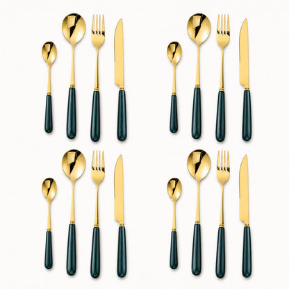Aldermere 16-Piece Gold Cutlery Set – Forest Green