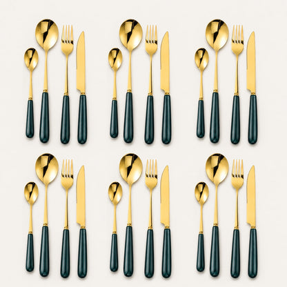 Aldermere 24-Piece Gold Cutlery Set – Forest Green