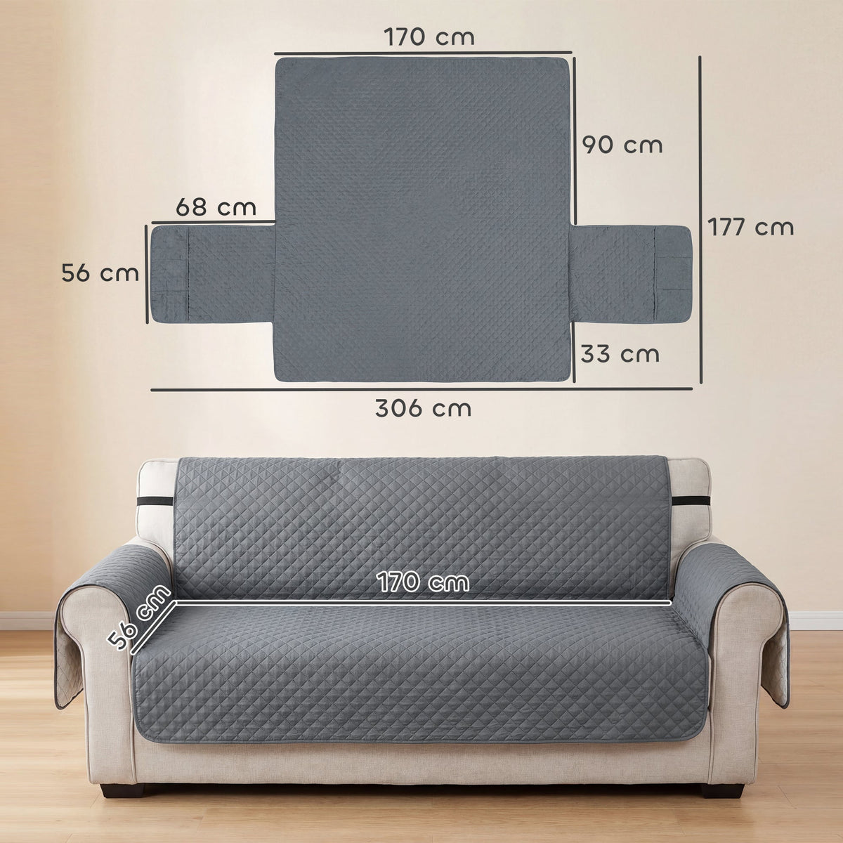 PawHut Waterproof Sofa Cover 3 Seater, Soft Couch Cover for Dogs Cats Pets, Non Slip Sofa Slipcoevr with Elastic Straps