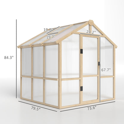 Outsunny 6.6 x 6ft Polycarbonate Greenhouse, Walk-in Wooden Greenhouse with Lockable Door and Window, Garden Plants Grow House, Brown