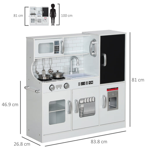 AIYAPLAY Pretend Play Kitchen, Kids Kitchen Playset, with Toy Phone, Chalkboard, Microwave, Cooking Stove, Sink, White