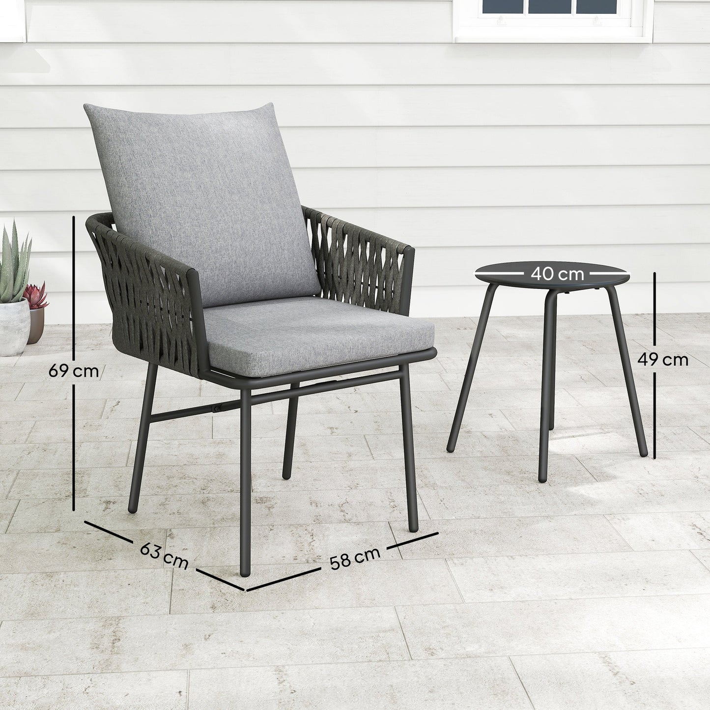 Outsunny 3-Piece Rattan Bistro Set, Garden Table and Chairs with 4 Cushions, Patio Rattan Conversation Furniture Set for Balcony, Porch, Terrace, Grey