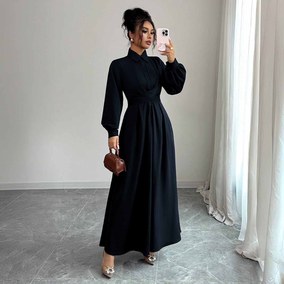 Women's Solid-Color Simple And Stylish Button-Down Long-Sleeve Dress