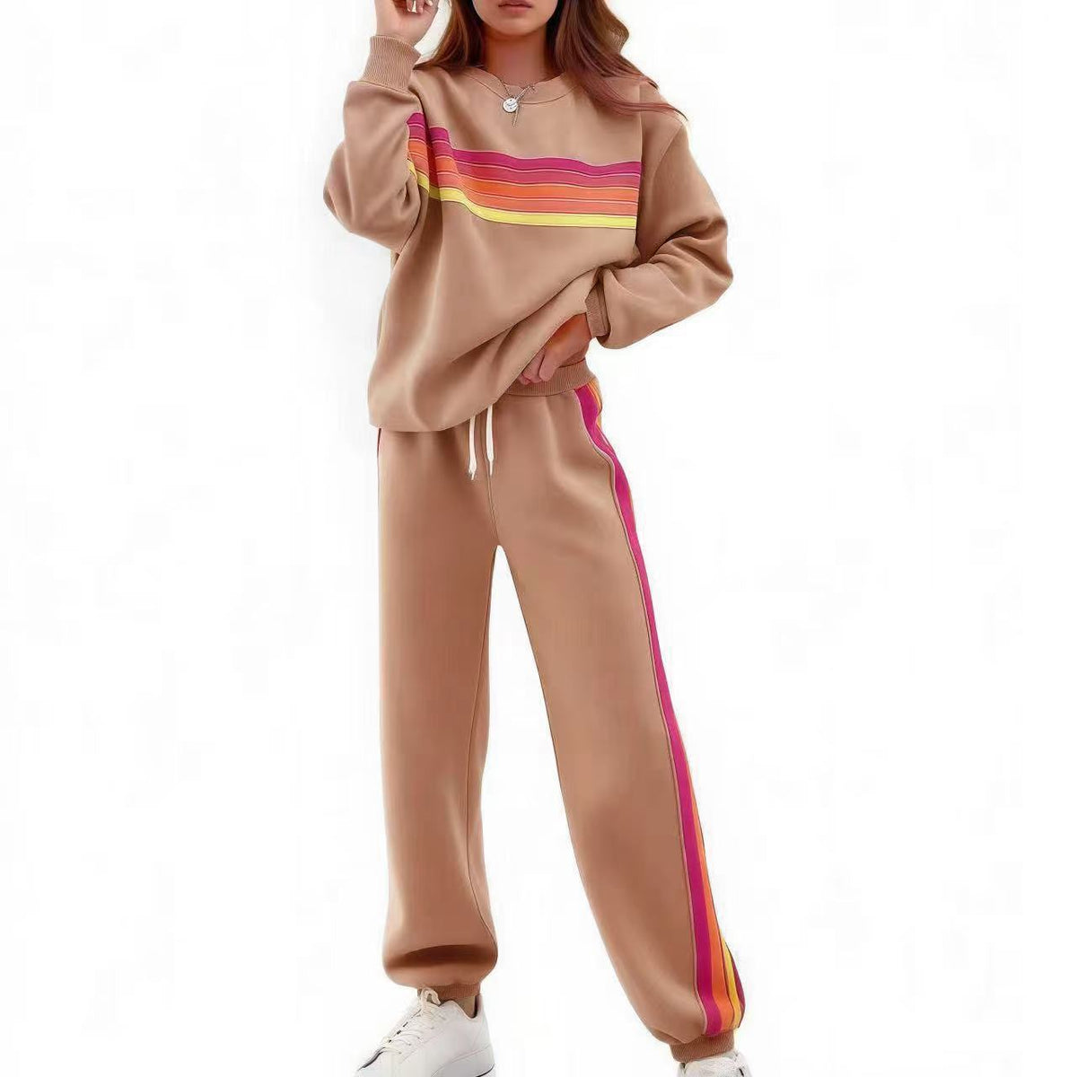 Round Neck Loose Color Stripes Elastic Waist Pants Sweater Suit