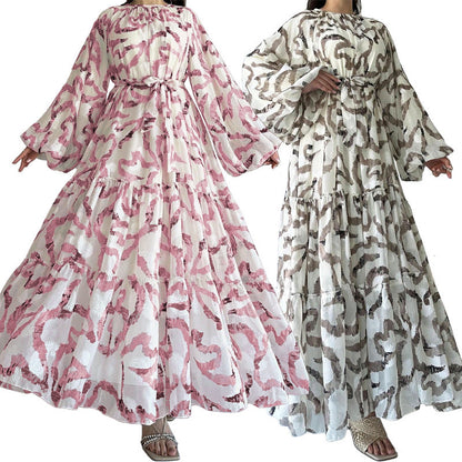 Chiffon Printed Maxi Dress With Beltstylish And Elegant