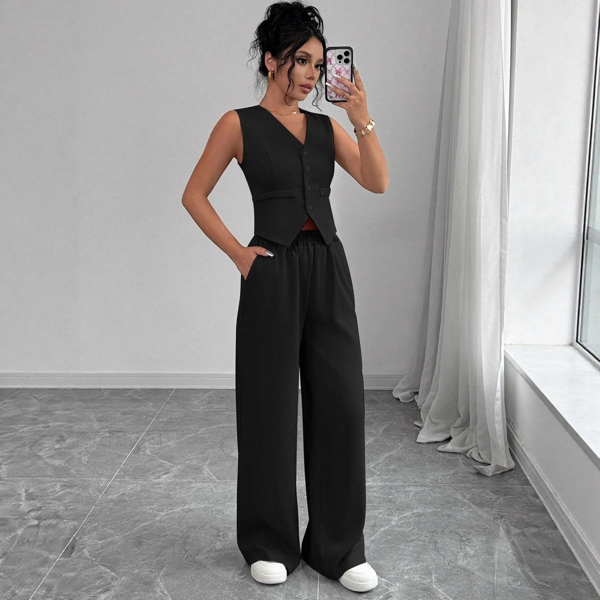 Elegant Button-front Sleeveless Vest And Trousers Set
