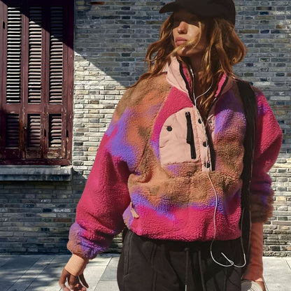 Loose Lapels Stitching Contrast Color Fleece Sweater