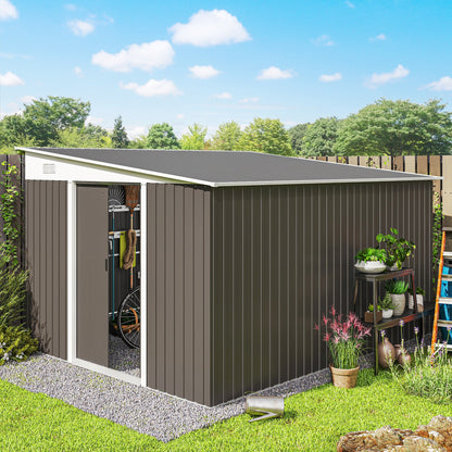11.3 x 9.2ft Steel Garden Shed Metal Tool House Double Doors & 2 Air Vents, Grey