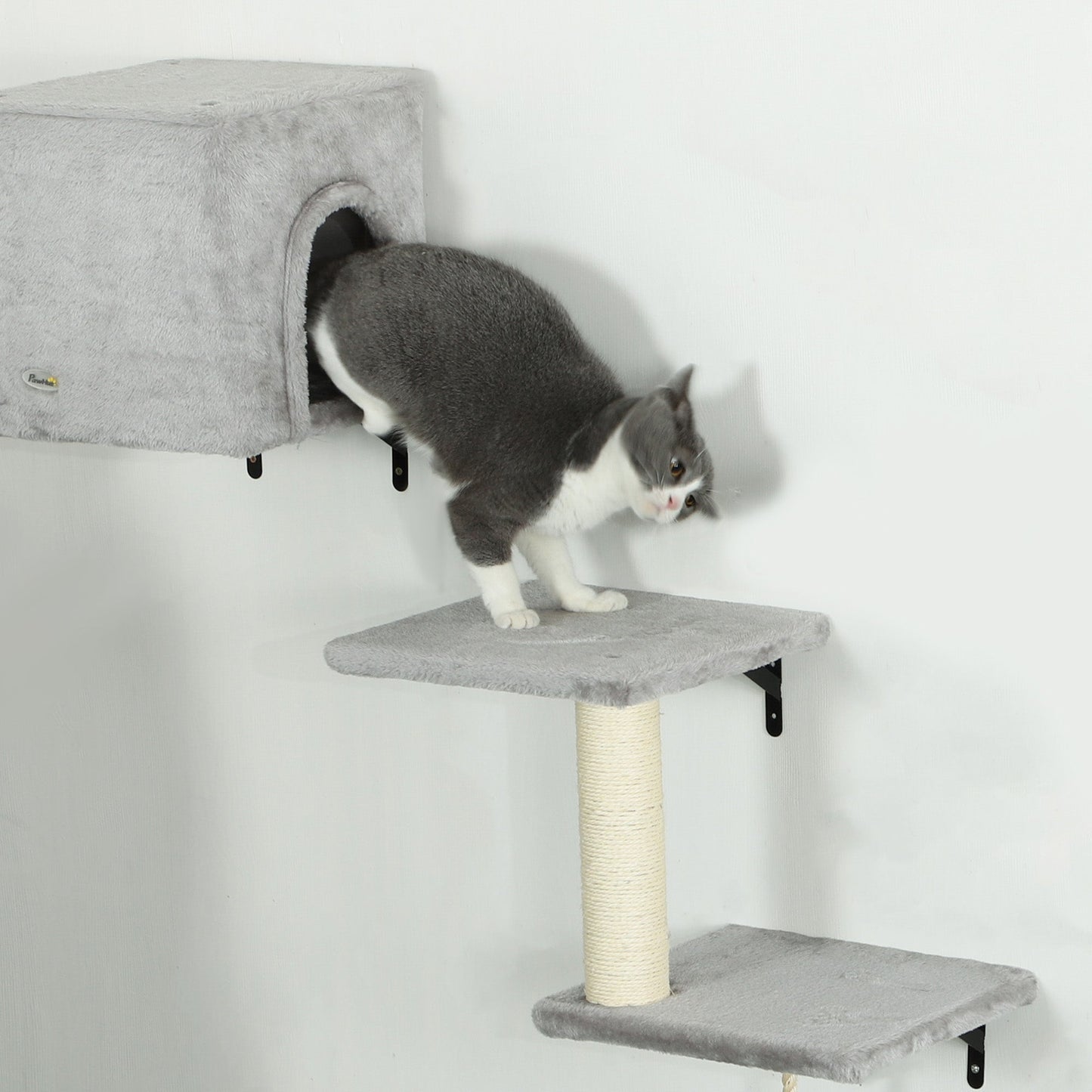 PawHut 6-Piece Cat Wall Shelves Set with Condo, Cat Wall Furniture with Platforms, Sisal Scratching Post, Bed, Toy Ball, Grey