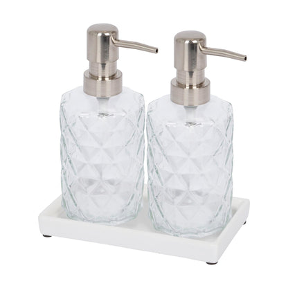 2pc 330ml Prism Glass Soap Dispenser Set with Ceramic Tray