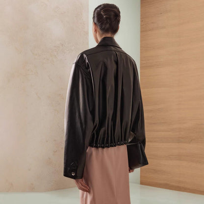 Fashionable Polo Collar Glossy Leather Loose Design Fashionable Coat