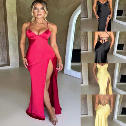 Women's V-neck Brace Satin Split Backless Long Dress