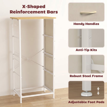 HOMCOM Chest of Drawers with 4 Fabric Drawers, Tall Storage Unit with 2 Hooks and Steel Frame for Bedroom, Beige