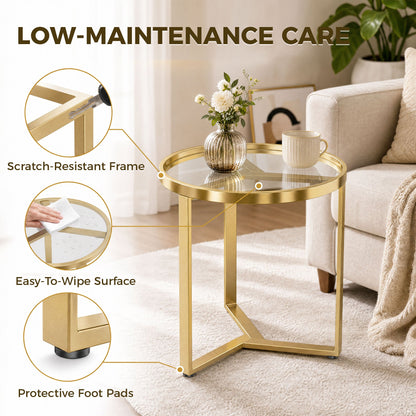 HOMCOM Round Side Table with Tempered Glass Top and Geometric Metal Frame for Small Space, Gold Tone