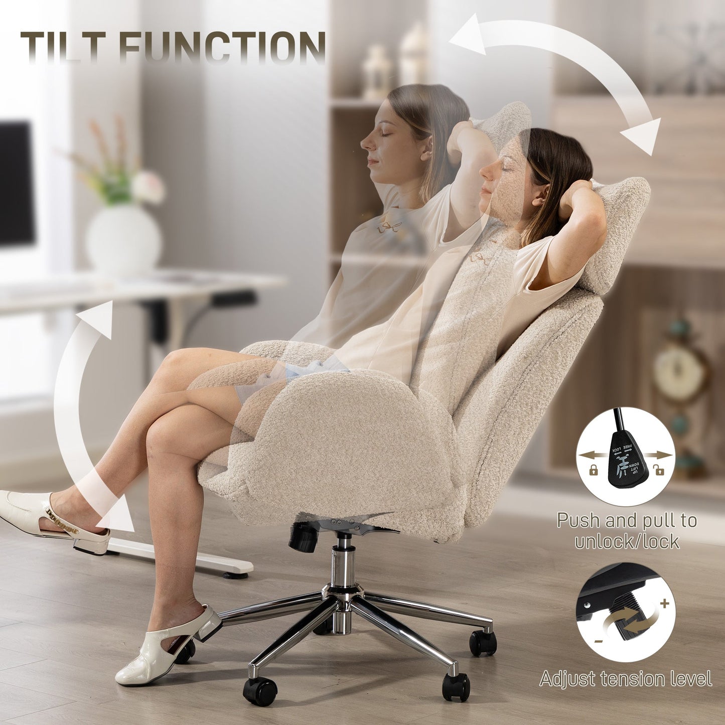 HOMCOM Office Chair with Adjustable Headrest, Spring Pack, Curved Line, Boucle Fabric - Pale Grey