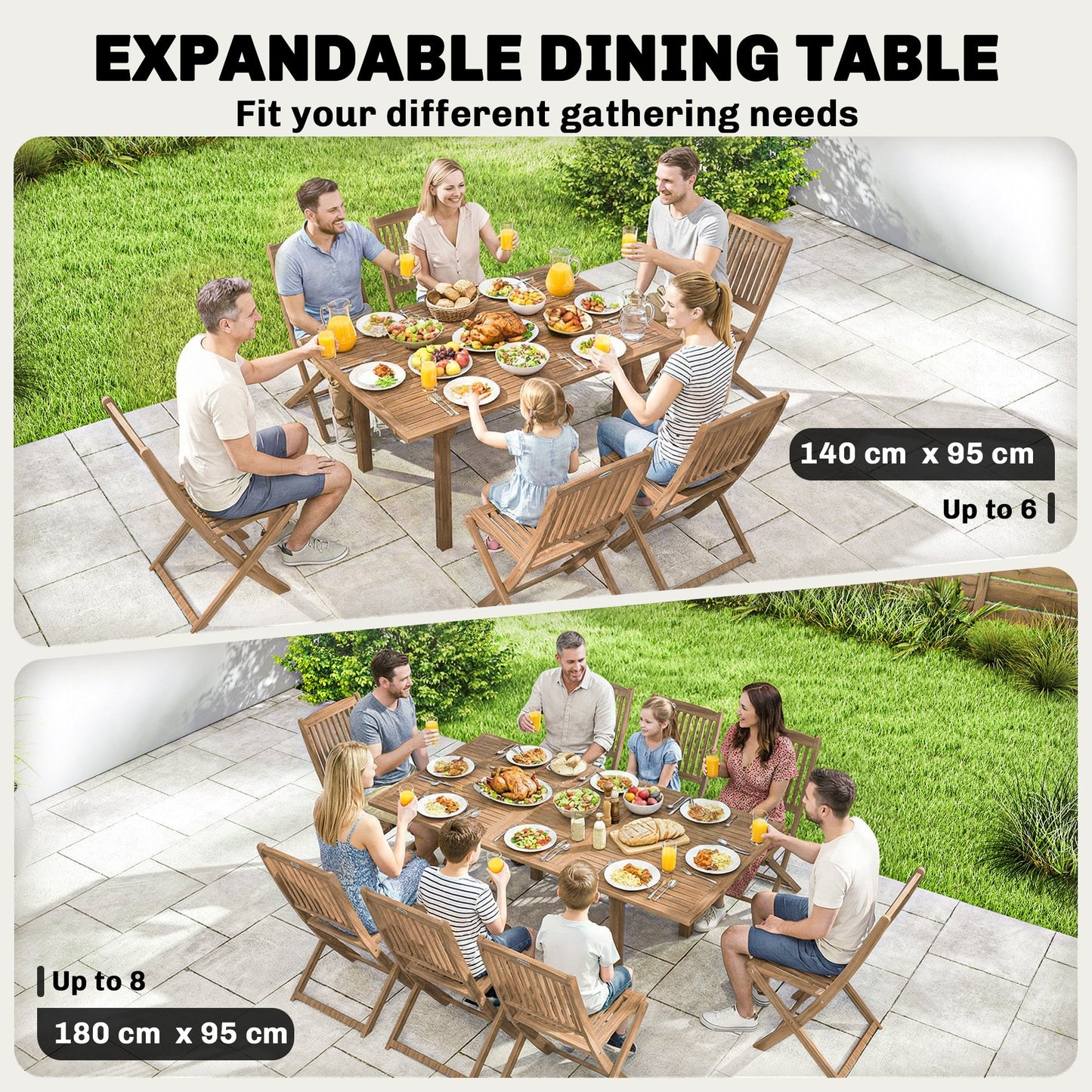 Outsunny Extending Garden Table, Outdoor Dining Table for 6-8 with Acacia Wood Slatted Tabletop for Balcony Porch