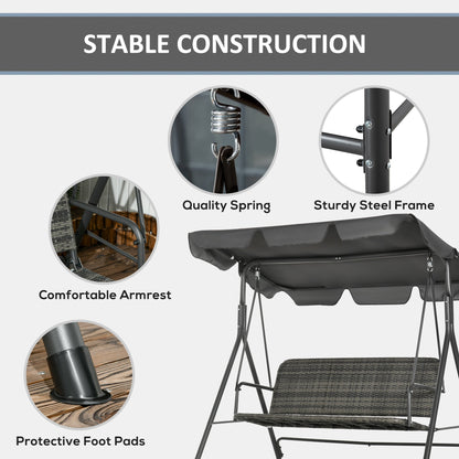 Outsunny 3-Seater Outdoor PE Rattan Swing Chair, Patio Wicker Hanging Swing Bench with Steel Frame Stand & Adjustable Canopy