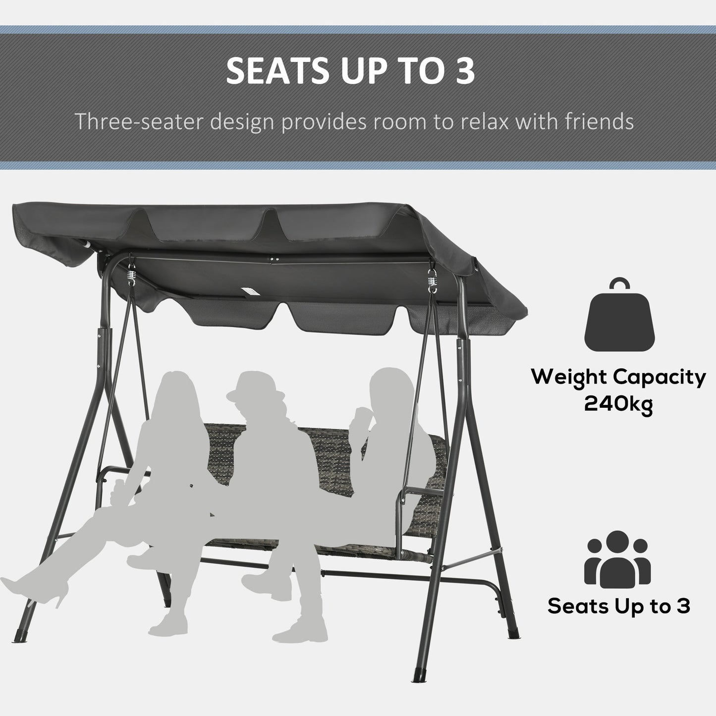 Outsunny 3-Seater Outdoor PE Rattan Swing Chair, Patio Wicker Hanging Swing Bench with Steel Frame Stand & Adjustable Canopy