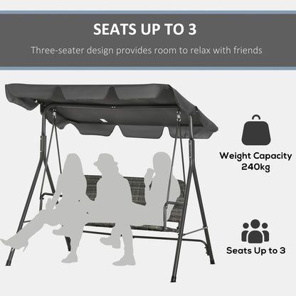 Outsunny 3-Seater Outdoor PE Rattan Swing Chair, Patio Wicker Hanging Swing Bench with Steel Frame Stand & Adjustable Canopy