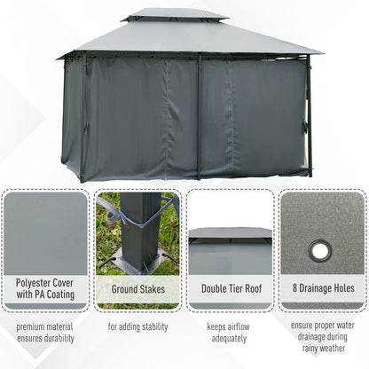 Outsunny 4m x 3(m)Garden Gazebo, Double Roof Outdoor Gazebo Canopy Shelter with Curtains, Solid Steel Frame