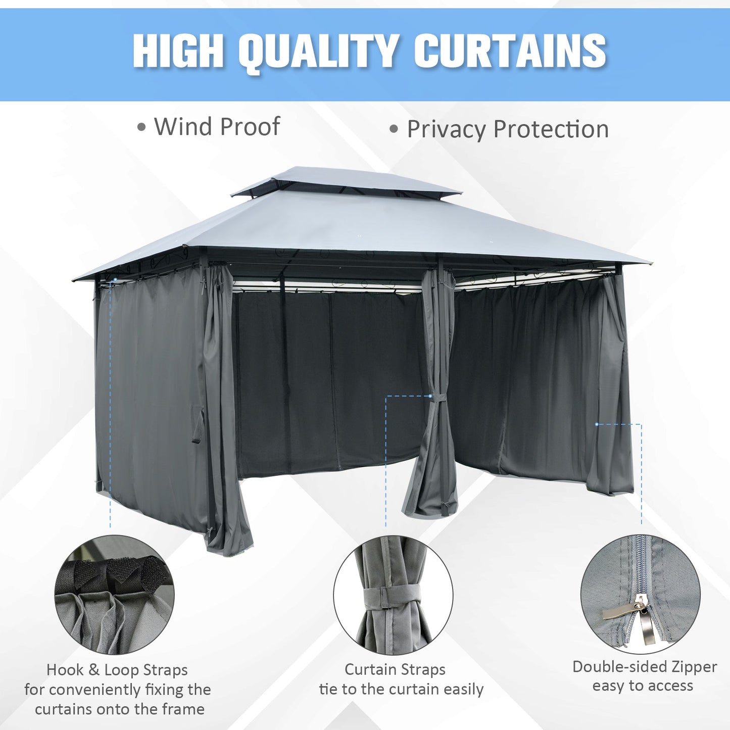 Outsunny 4m x 3(m)Garden Gazebo, Double Roof Outdoor Gazebo Canopy Shelter with Curtains, Solid Steel Frame