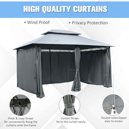 Outsunny 4m x 3(m)Garden Gazebo, Double Roof Outdoor Gazebo Canopy Shelter with Curtains, Solid Steel Frame