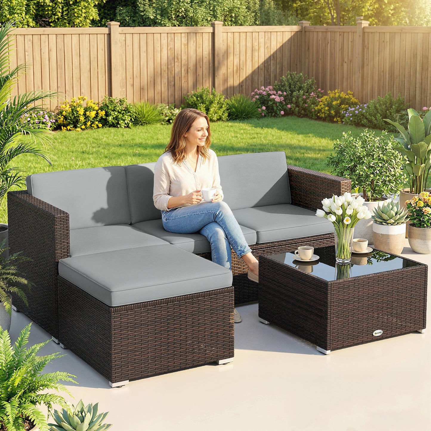 Outsunny 3 Pieces Garden Furniture Set w/ Cushions, PE Rattan Wicker Conversation Corner Sofa Set, Light Grey