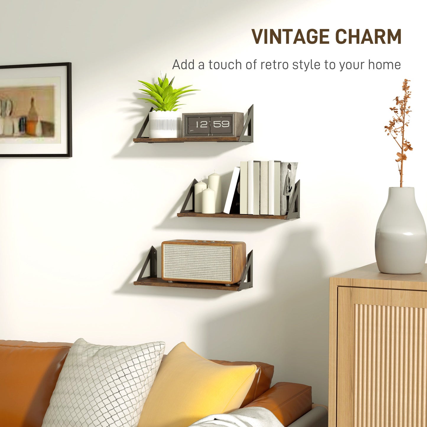HOMCOM Set of 3 Wall Shelves, Vintage Wall Mounted Floating Shelves for Living Room, Entryway, Bedroom, Rustic Brown