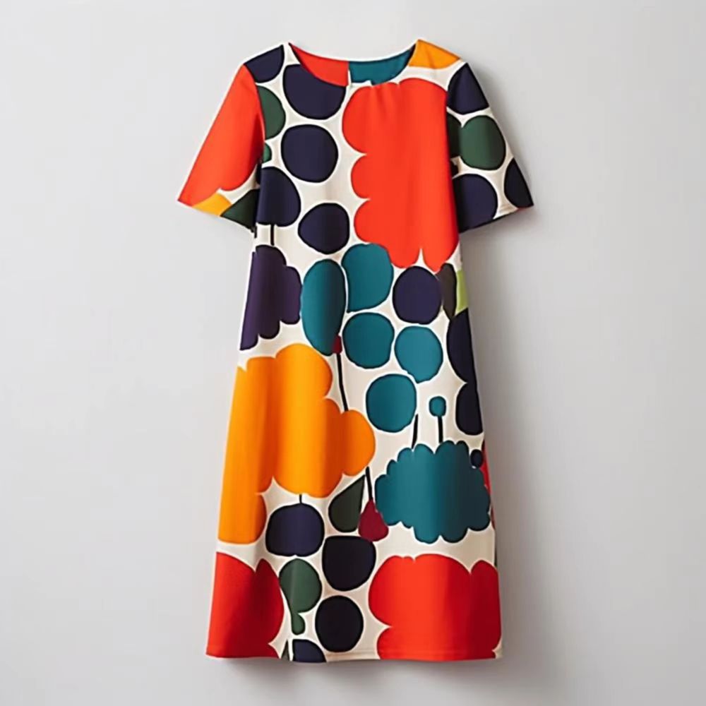 Fashion Multicolor Oil Painting Patchwork Round Neck Dress