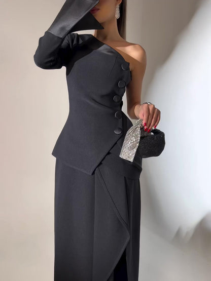 One-piece Single-breasted Top & Irregular Skirt Set