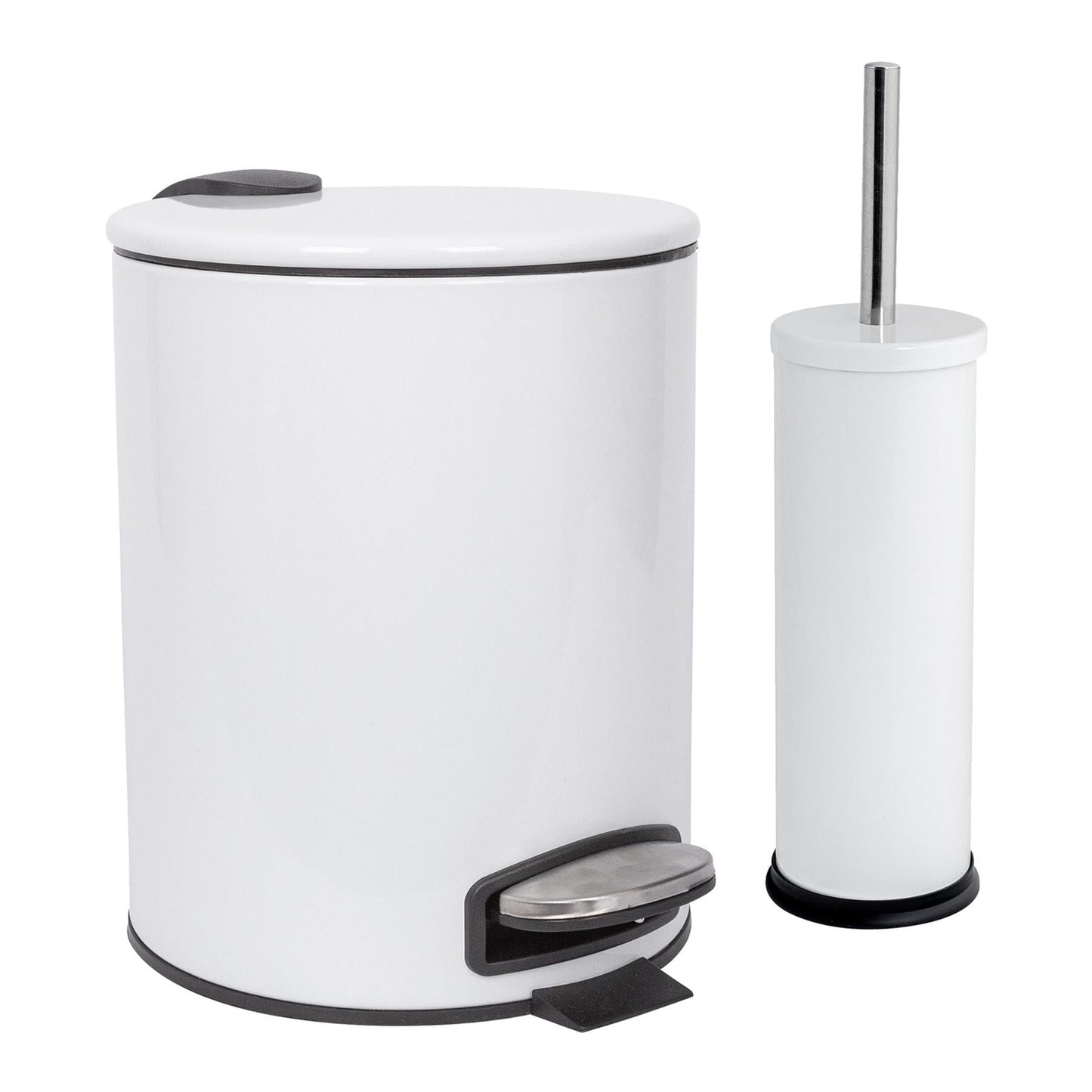 2pc 5L White Round Stainless Steel Pedal Bin & Toilet Brush Set
