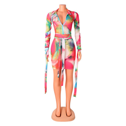 Sexy Women Mesh See-Through Printed Dress With Bandage