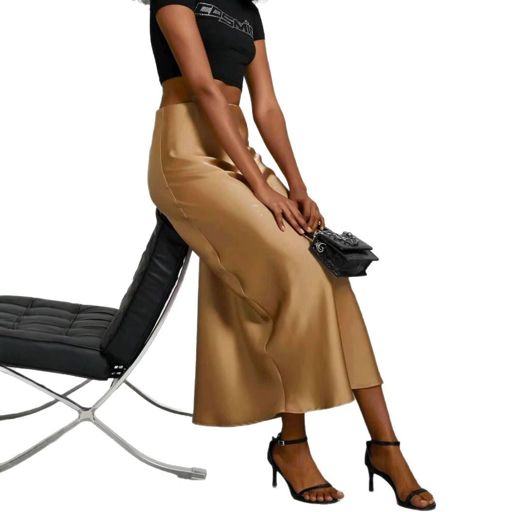 Women's Slim Fit Satin Skirt Fashion Chic Solid Long Skirt