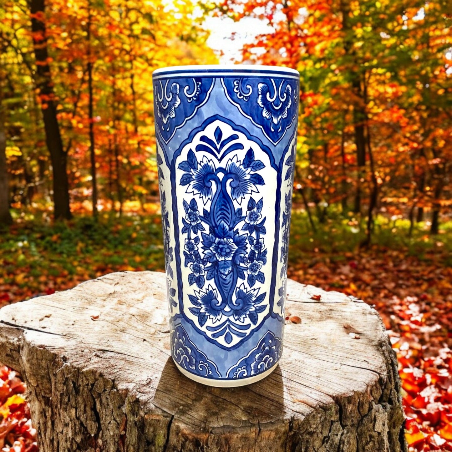 AcaciaHome Durable Ceramic Round Umbrella stand–Perfect Holder for Home, Office, & Entryway - Adds a Sophisticated Touch to Living Spaces for Canes, & Walking Sticks (Blue & White)