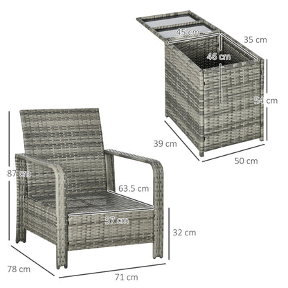 Outsunny 3 Pieces Rattan Bistro Set, Wicker Garden Furniture Set with Storage  Coffee Table and Chairs, Thickened Cushions for Outdoor, Patio, Balcony, Orange
