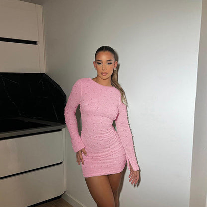 Backless Long Sleeves Beaded Dress Women