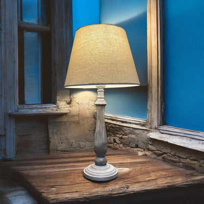 AcaciaHome Stylish & Elegant Tall Wooden Beige Washed 45cm Table Lamp with Taupe Linen Shade – Energy-Efficient E27 Bulb with Shabby Chic Lighting for Bedroom, Living Room & Office