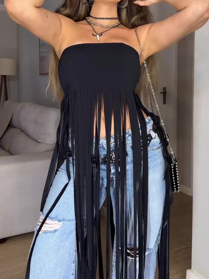 Black Bandeau Fringe Top
